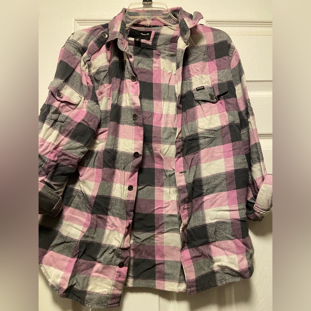Vintage Hurley Pink and Gray Plaid Shirt